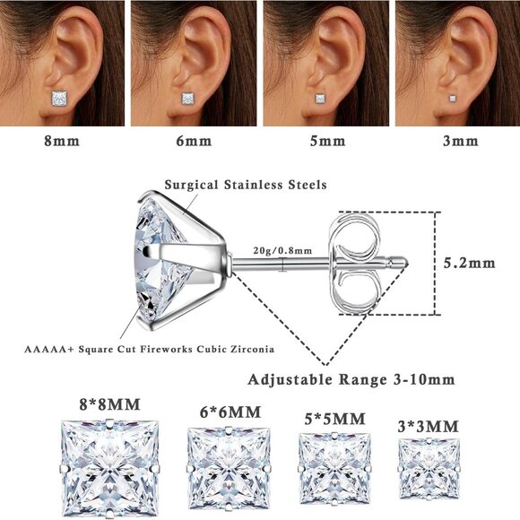 4 Pairs Hypoallergenic Stainless Steel Square Stud Earrings for Men and Women - Picture 3 of 7